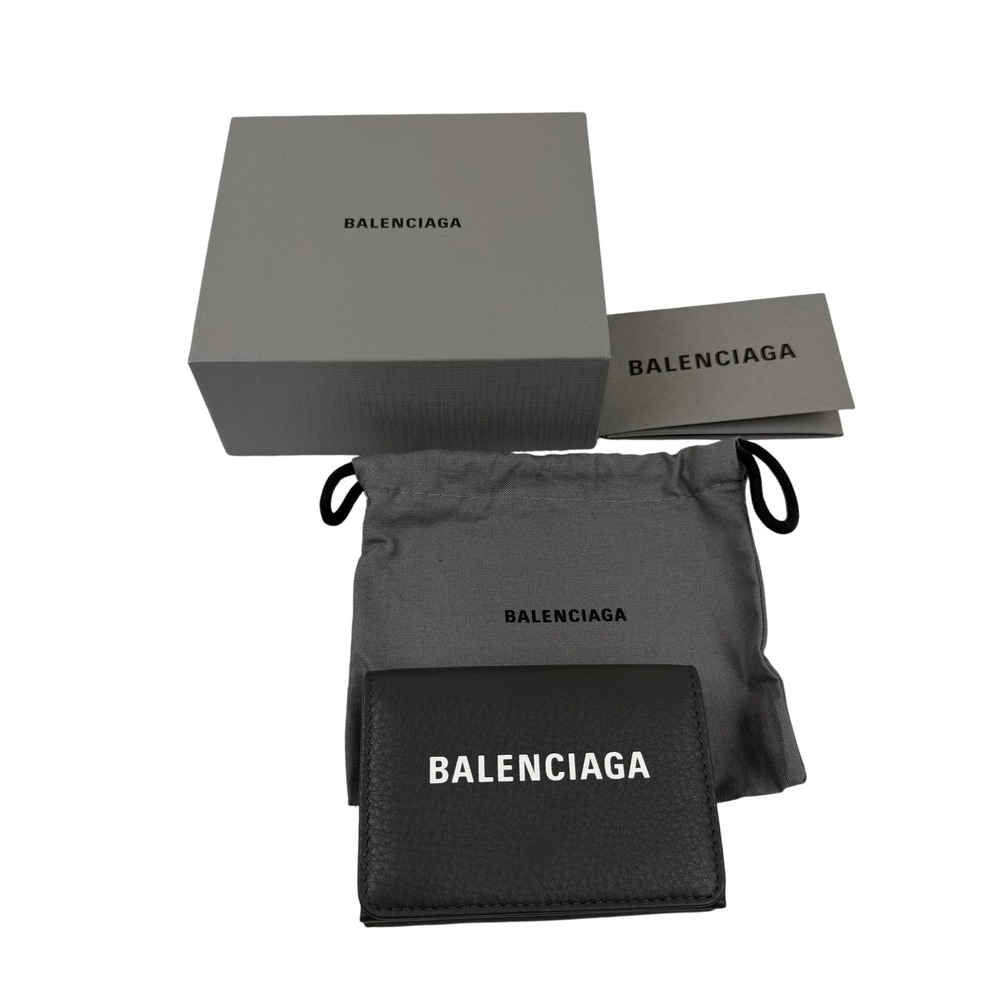 Balenciaga Wallet Black Grained Leather Trifold Logo 531592 DLQAN 3766 U NEW